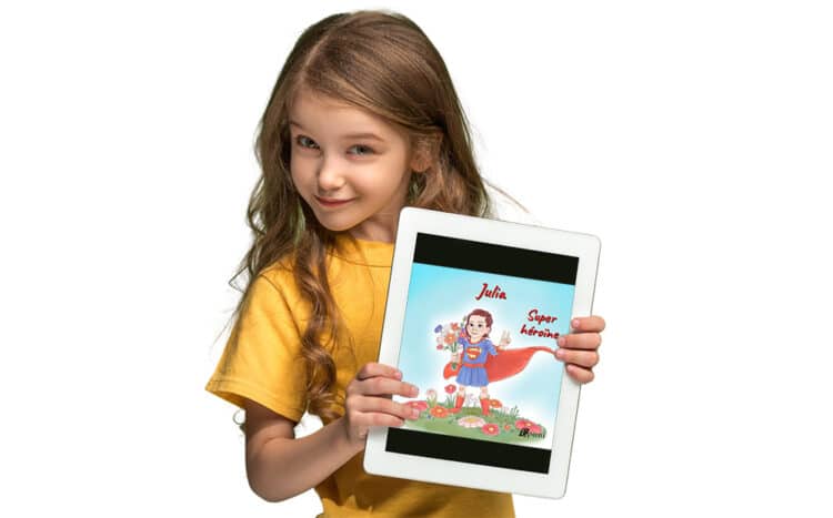 Girl with numeric book on iPad